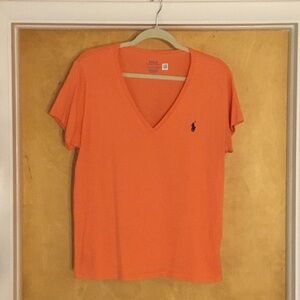 Ralph Lauren Orange V-Neck Short Sleeve Polo Tee with Blue Logo